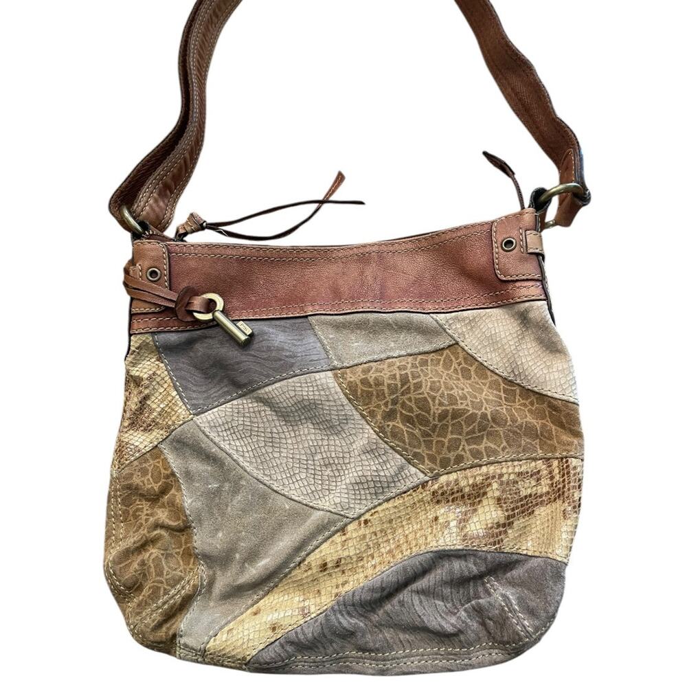 Fossil Leather Suede Purse Boho Patchwork Crossbody Shoulderbag - Picture 3 of 11